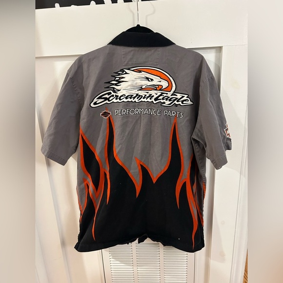 Harley Davidson Motorcycle Racing Flames Mechanic Work Shirt Screamin Eagle Sz L - Picture 3 of 5